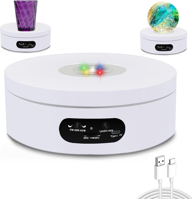 YVV Rotating Display Stand, Spinning Display Stand with Colored Lights, Lighted LED Base for Glass Art , Electric & Battery-Operated Platform 4.72in, Adjustable Speed Electric Turntable White - Image 1